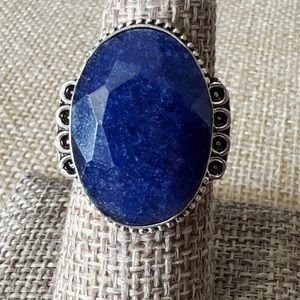 New Faceted Oval Blue Enhanced Sapphire Stone Silver Overlay Ring Size 7